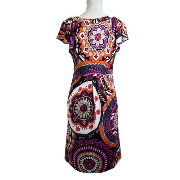 Sunny Leigh Print Dress Orange Purple Gray Tie Neckline Size Medium - Picture 3 of 9